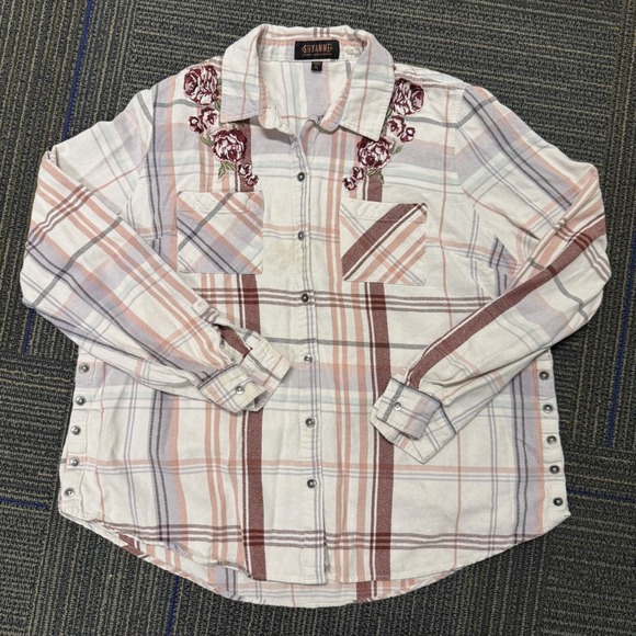 Shyanne Plaid Floral Embroidered Western Shirt Womens XL Cream Mauve Excellent - Picture 2 of 9